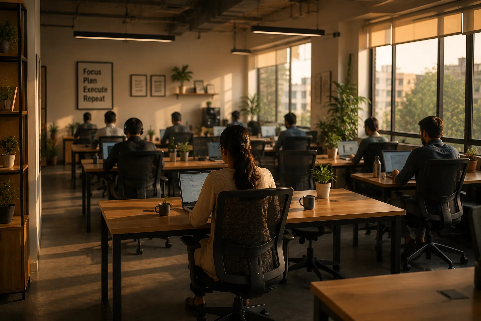 A coworking floor in warm afternoon light with every desk in use
