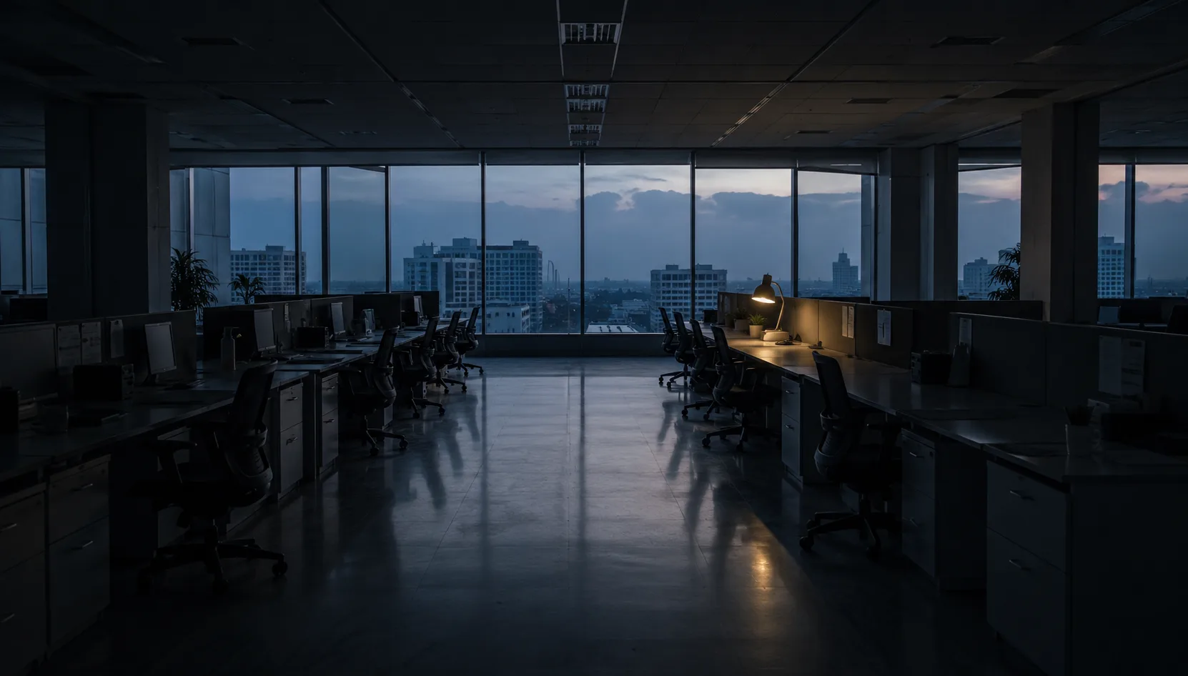 A large office floor at dusk, desks empty, one lamp still on